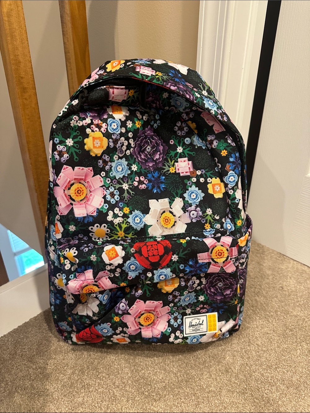 Lego Kids Black Floral Print Backpack with Multicolor Flowers
